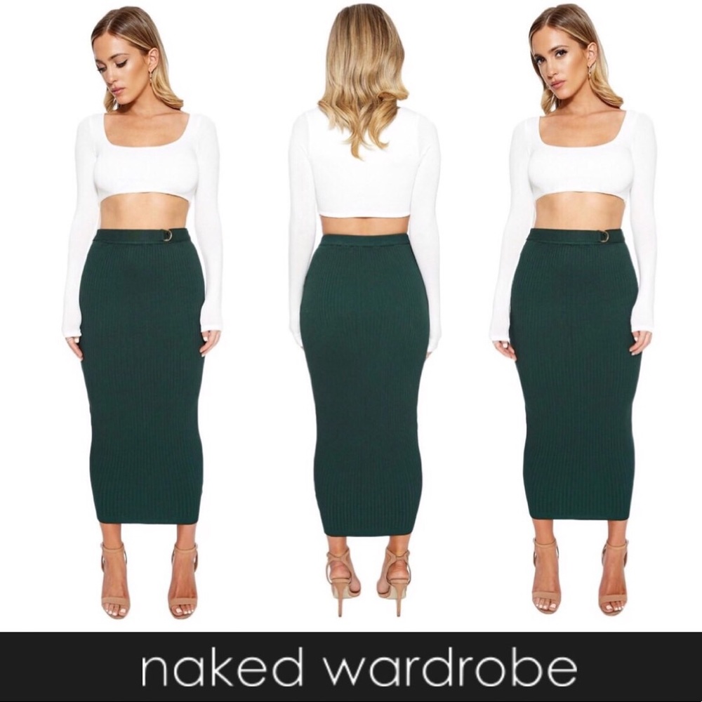 naked wardrobe RIBBED DOWN MIDI SKIRT with belt